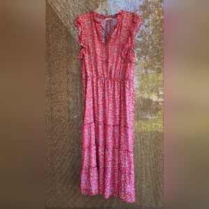 Black Tape  Pink Dress with Blue and Periwinkle Flowers, Flutter Sleeves